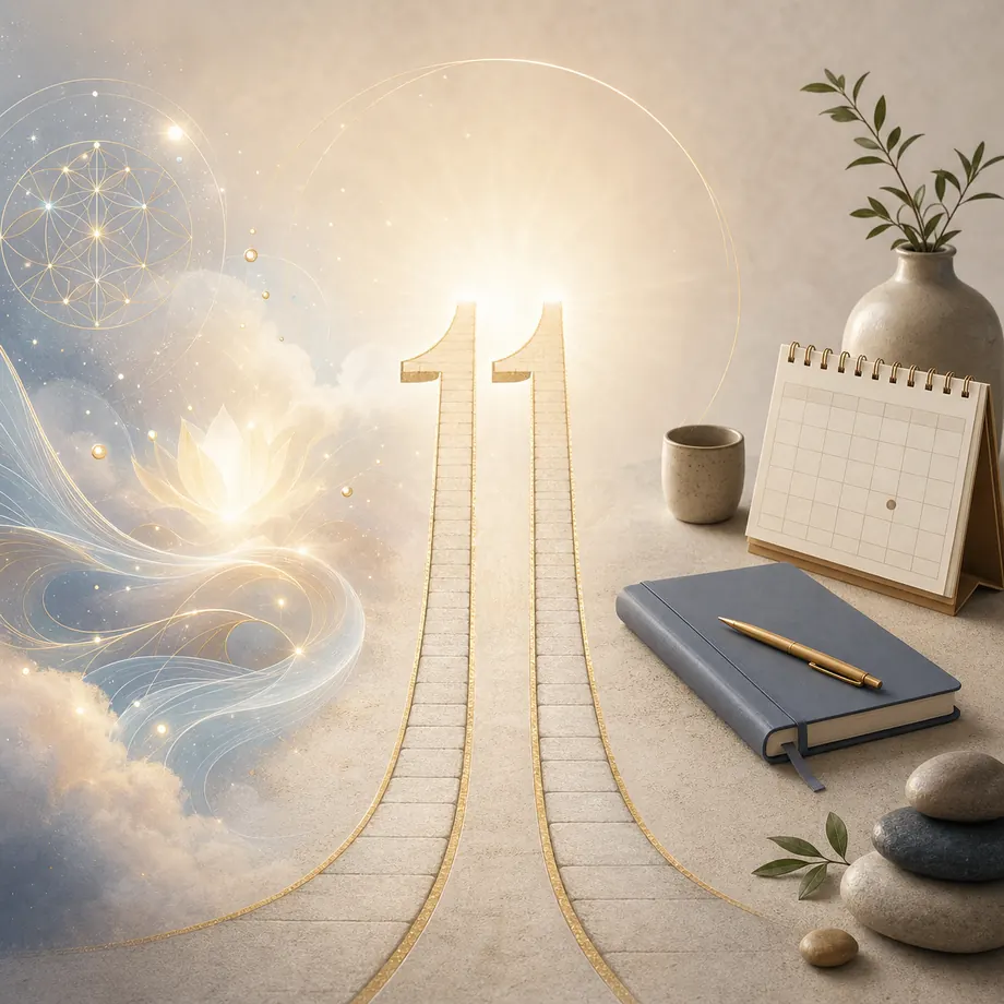 Editorial illustration of Life Path 11 intuition balanced with grounding routines