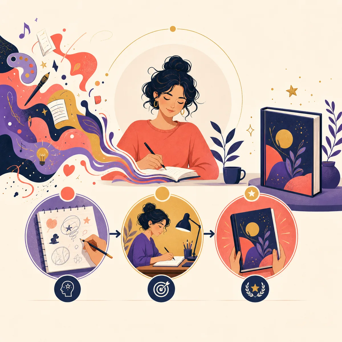 Editorial illustration showing Life Path 3 ideas moving through focused practice into a finished creative work
