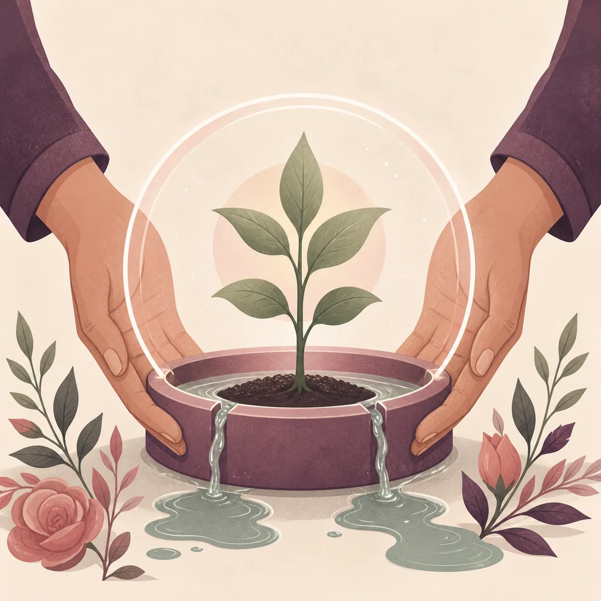Editorial illustration of hands supporting a growing plant inside a protective boundary while excess water flows away