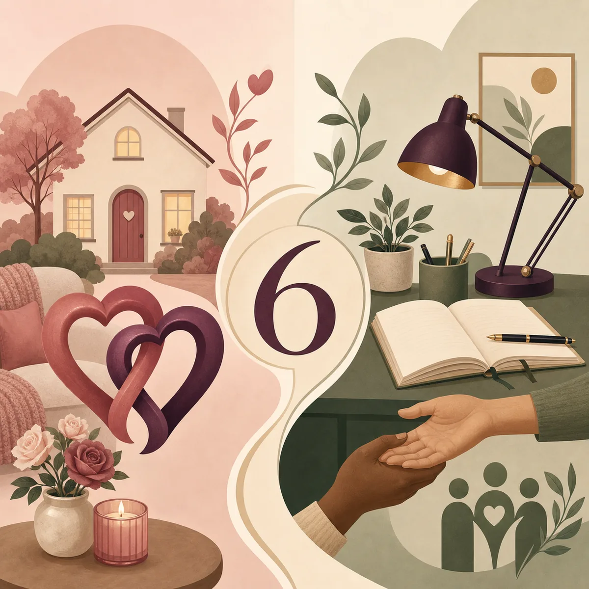 Editorial illustration balancing a caring home and reciprocal love with service-oriented creative work