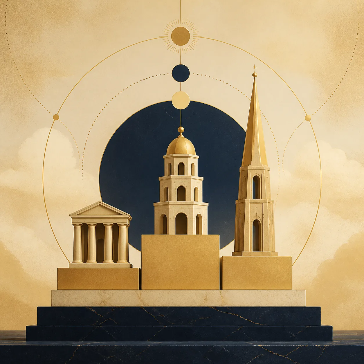 Editorial illustration of layered structures representing master number intensity and practical roots