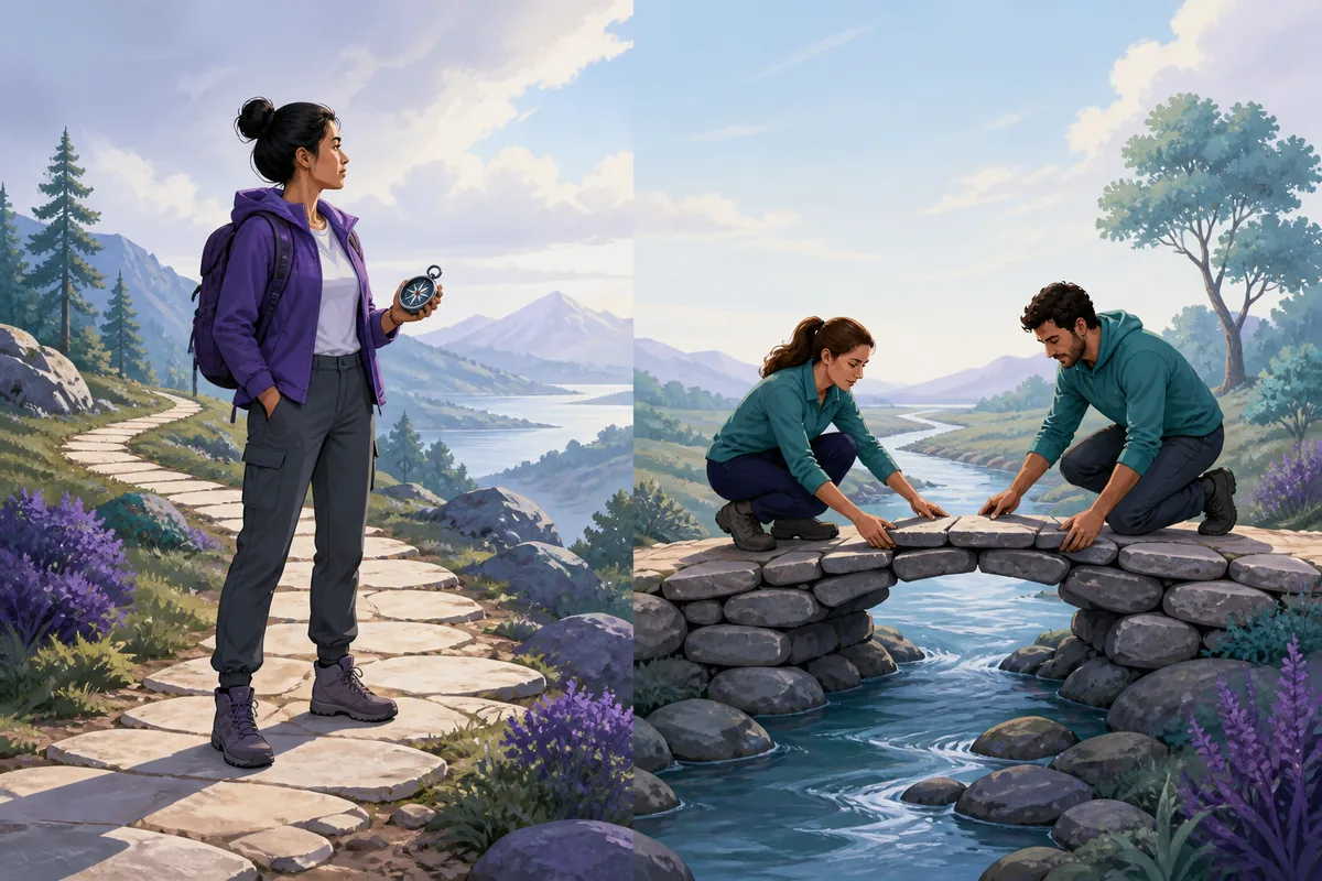 Editorial comparison of one person using a compass and two people building a bridge together