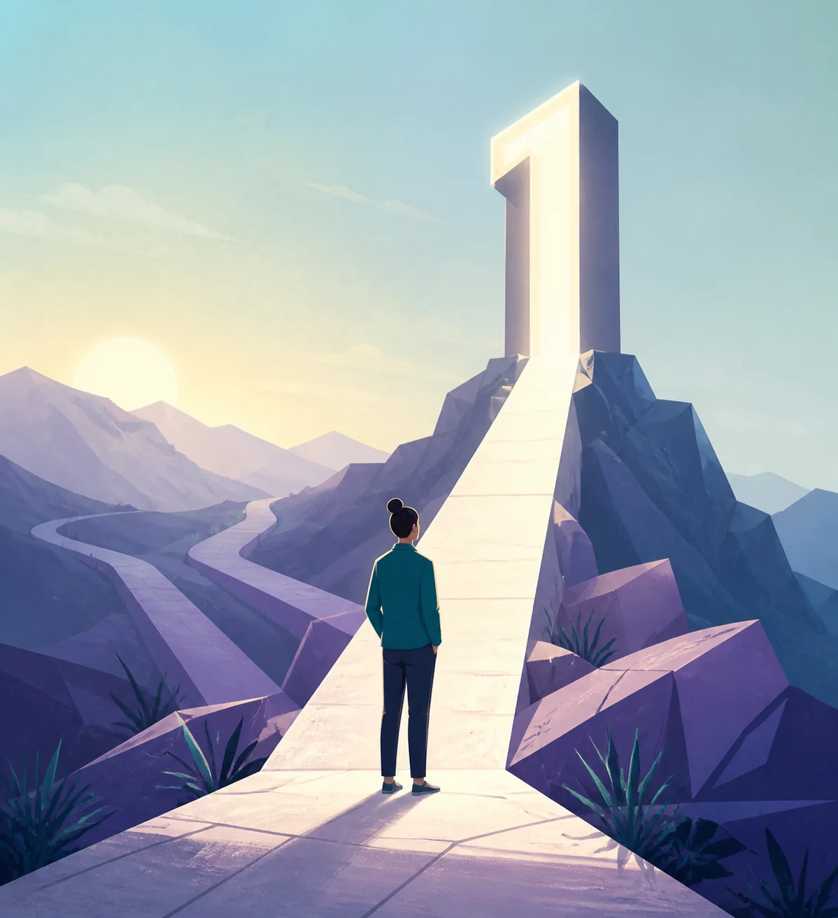 Editorial illustration of a person approaching a bright number one path through a purple mountain landscape