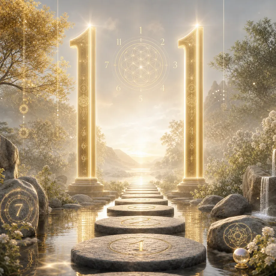Life Path Number 11 shown as two luminous pillars on a calm symbolic path