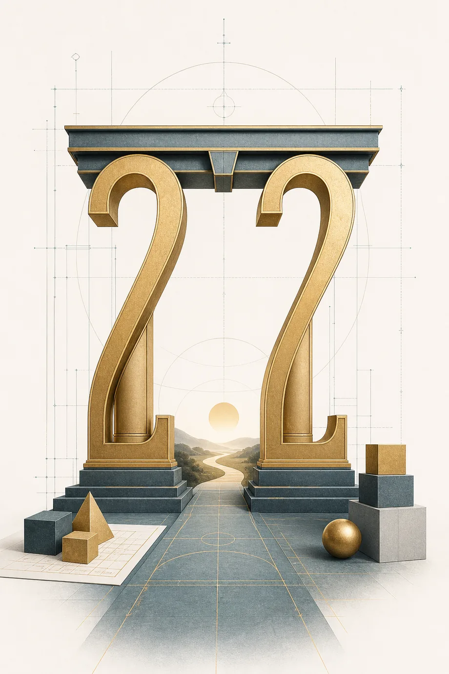 Life Path Number 22 shown as two golden architectural pillars forming a stable gateway