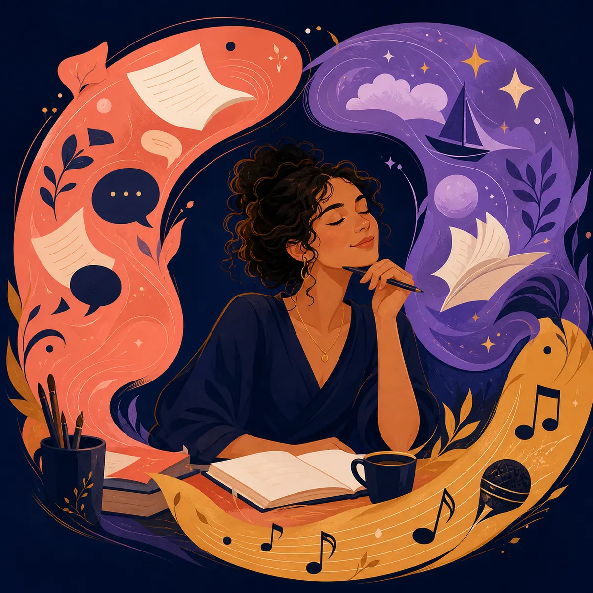 Editorial illustration of Life Path Number 3 creativity through writing, music, imagination, and conversation
