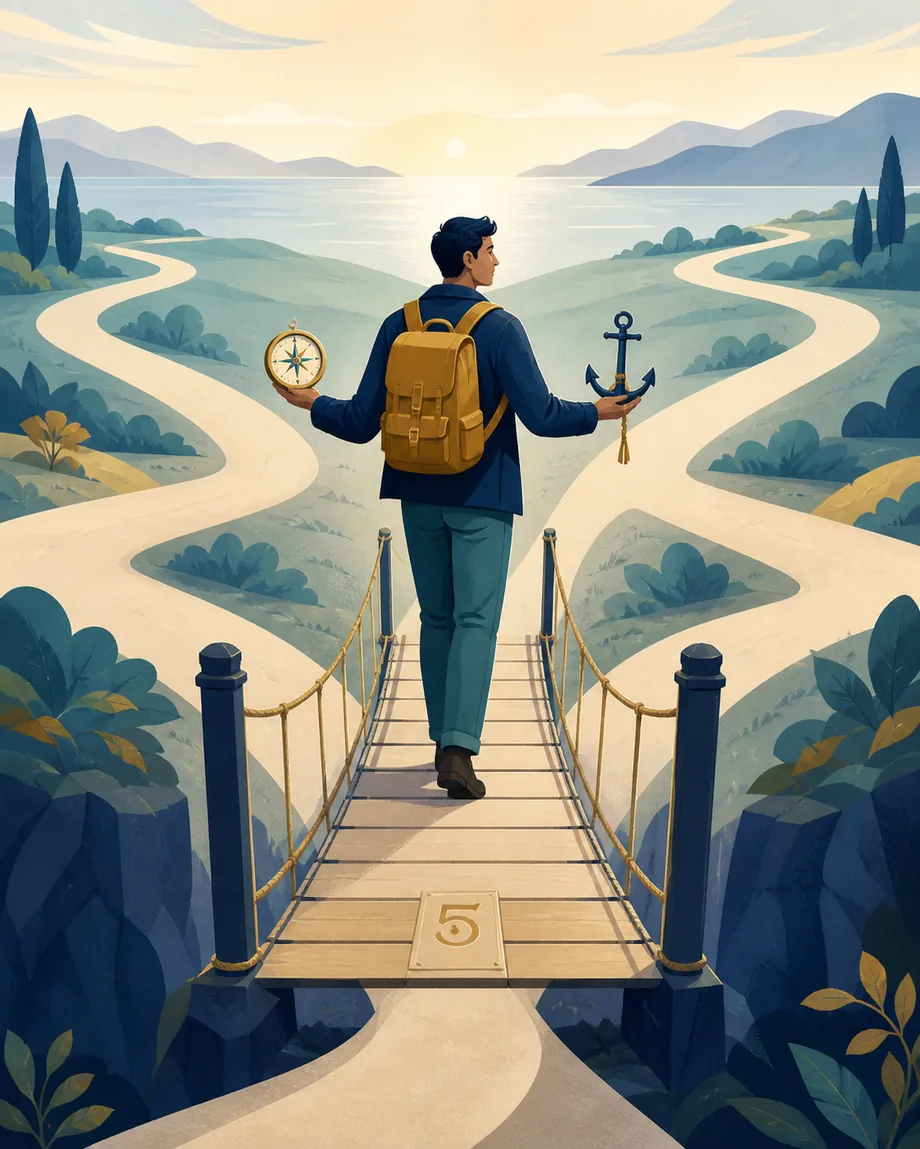 Editorial illustration of Life Path 5 balancing a compass and anchor while crossing a bridge