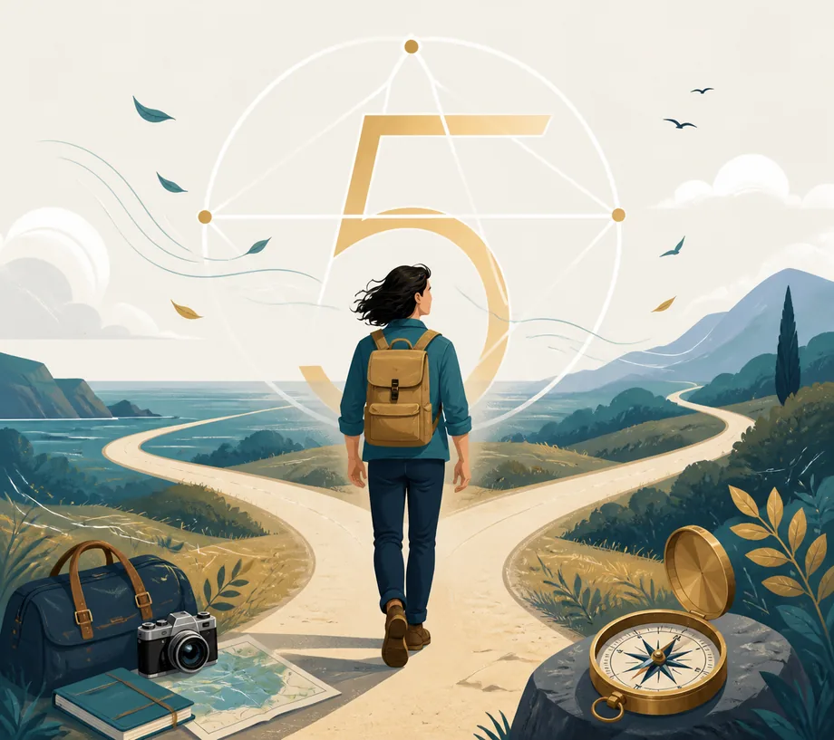 Editorial illustration of Life Path Number 5 as a traveler choosing between open paths with a compass