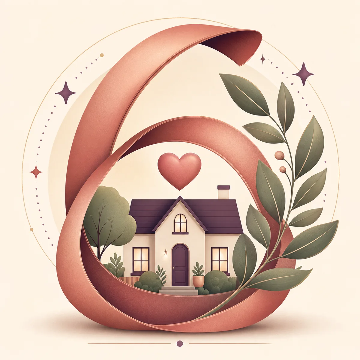 Editorial illustration of Life Path Number 6 surrounding a warm home, heart, and growing leaves
