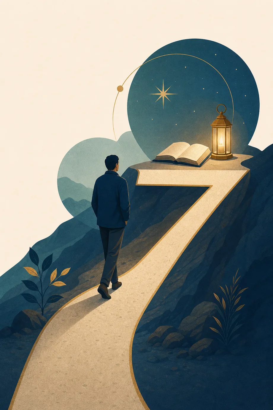 Life Path Number 7 shown as a calm seeker walking toward a lantern and open book